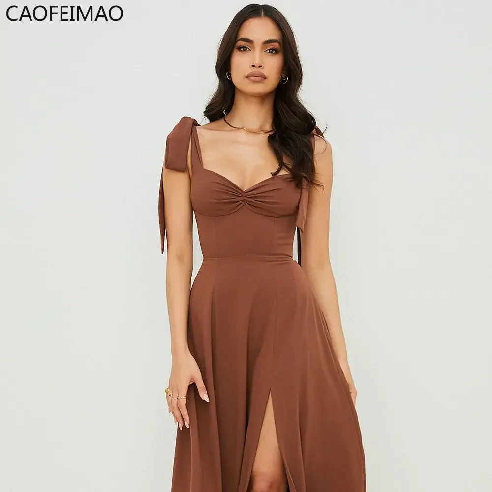 

Caofeimao Elegant Long Slip Women's Summer Midi Dress Sleeveless Backless Corset Korean Dresses Ladies 2025 Female Vestidos