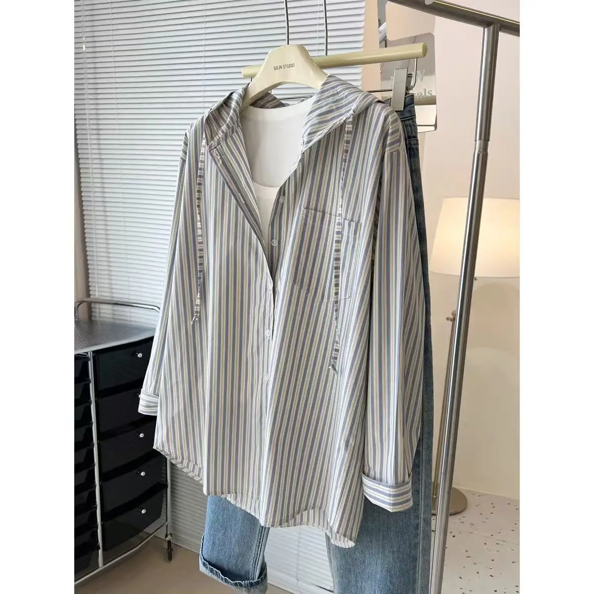 

Striped Hooded Shirts Women and Men Spring Summer Button Up Shirts Casual Long Sleeve Preppy Style Jacket Spring Summer 2026 New