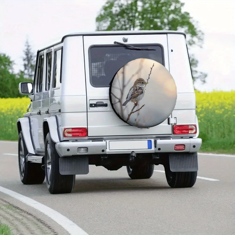 Sparrow Perched on Branch Spare Tire Cover Durable Polyester All-Weather SUV Wheel Protector