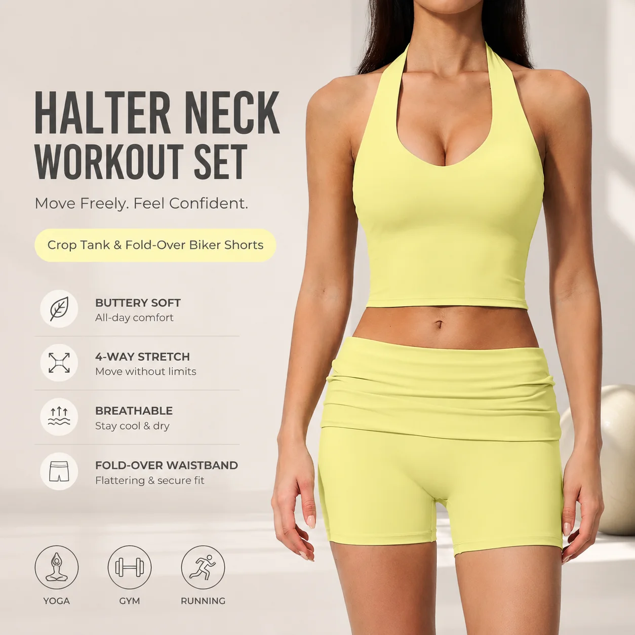 Seamless Halter Neck Crop Tank Top And Fold-Over Biker Shorts Set Women's Workout Outfit Fitness Clothing Set