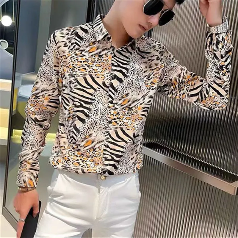 

Y2K Роскошные мужские облегающие рубашки с длинным рукавом в полоску, брендовая качественная рубашка с леопардовым принтом, мужские дизайнерские социальные рубашки Camisa Masculina