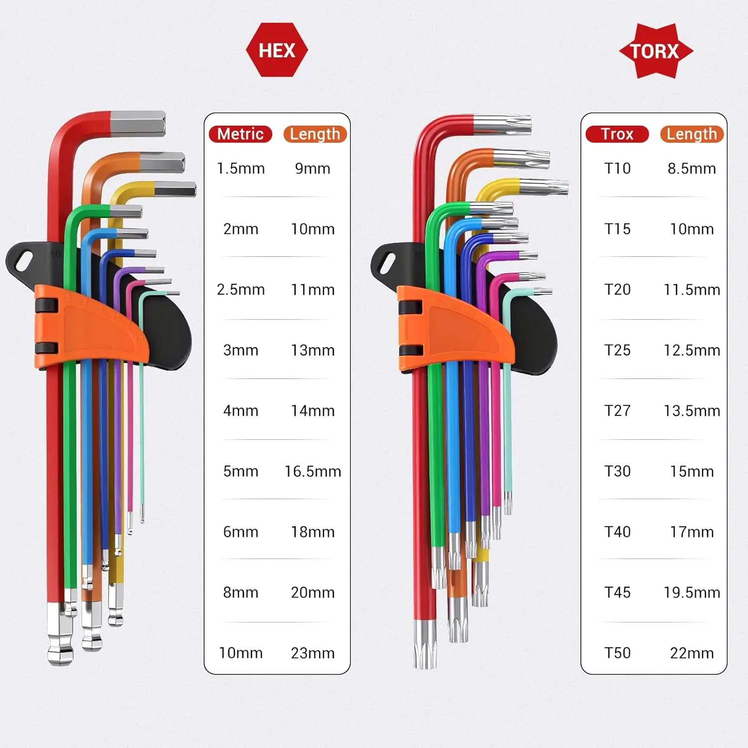 18pcs Hex Key Set with T Handle Long Arm Metric Allen Wrench 1.5mm-10mm Ball End and Torx Wrench T10-T50 for Bike Home Repair