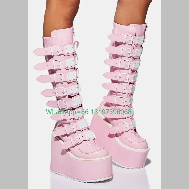 Lady pink wedges heel knee platform boots buckle strap mirror PU boots metallic sliver daily causal dress gothic sexy  Mary Jane