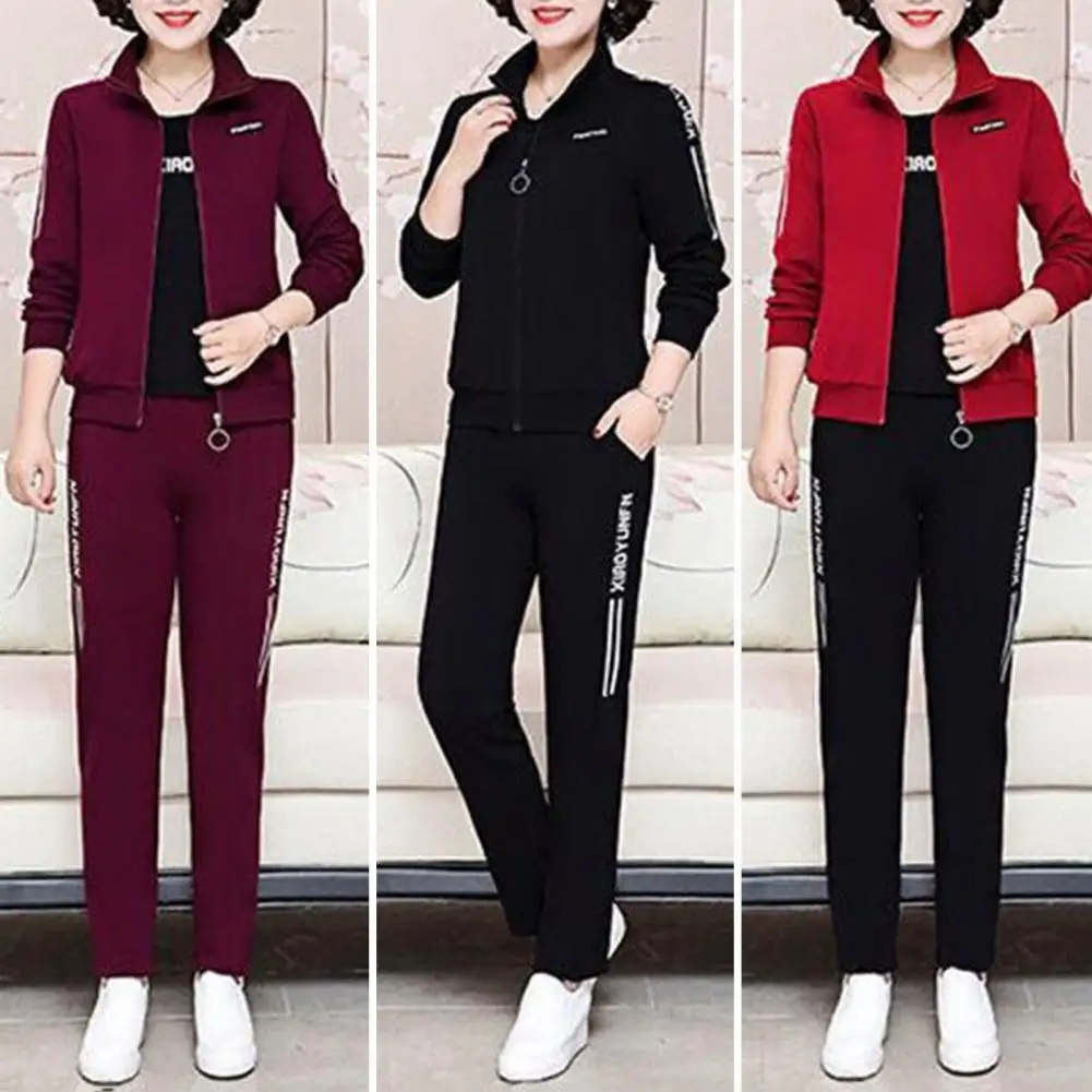 Women Loose Fit Suit Stylish Mid-aged Women's Winter Tracksuit 3-piece Set with Cozy Coat Round Neck Top Elastic Waist Pants