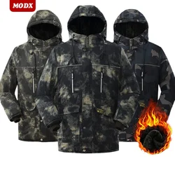 Fleece-Lined Camouflage Work Coat for Men Mid-Length Thicken Waterproof Wear Resistant Jacket Loose Multi Pocket Hunting Uniform