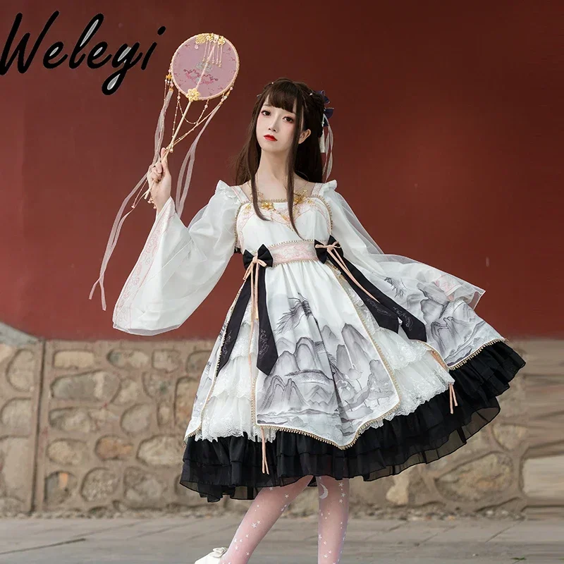 Princess Lolita Sweet Midi Dress Ladies2024 Four Seasons New Ancient Chinese Style Fashion Women's Long Sleeve Dresses for Women