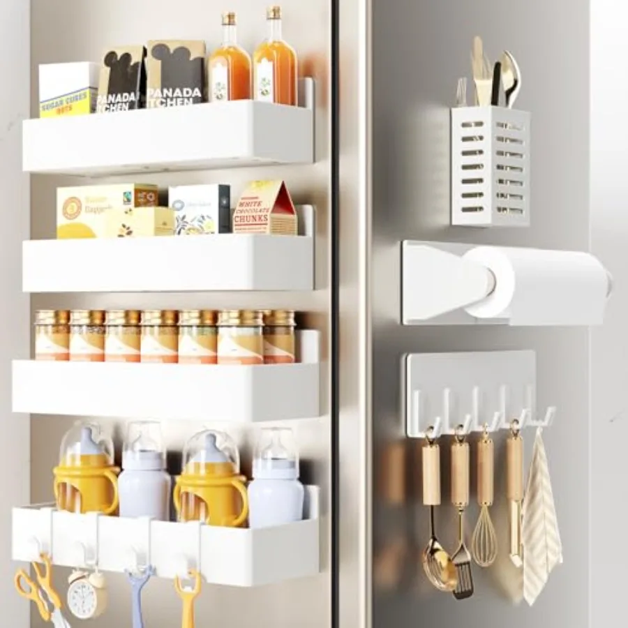 

Magnetic Spice Rack for Refrigerator, Magnetic Shelf, Fridge Magnet Organizer with Paper Towel Holder, Utensils Racks, Hook Rac