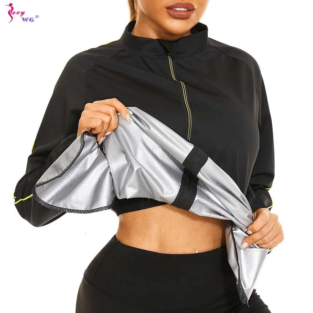 SEXYWG Sauna Jacket for Women Sweating Top Fitness Body Shaper Weight Loss Long Sleeve Workout Sportwear Gym Shirt Running