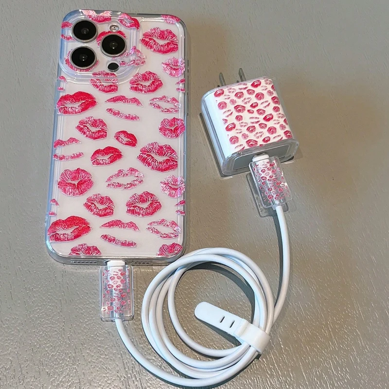 Lip Print Pattern Charger Protective Cover, Suitable for iPhone Models 12 13 14 15 16, Supports 18W 20W Fast Charging, 3Pcs Set