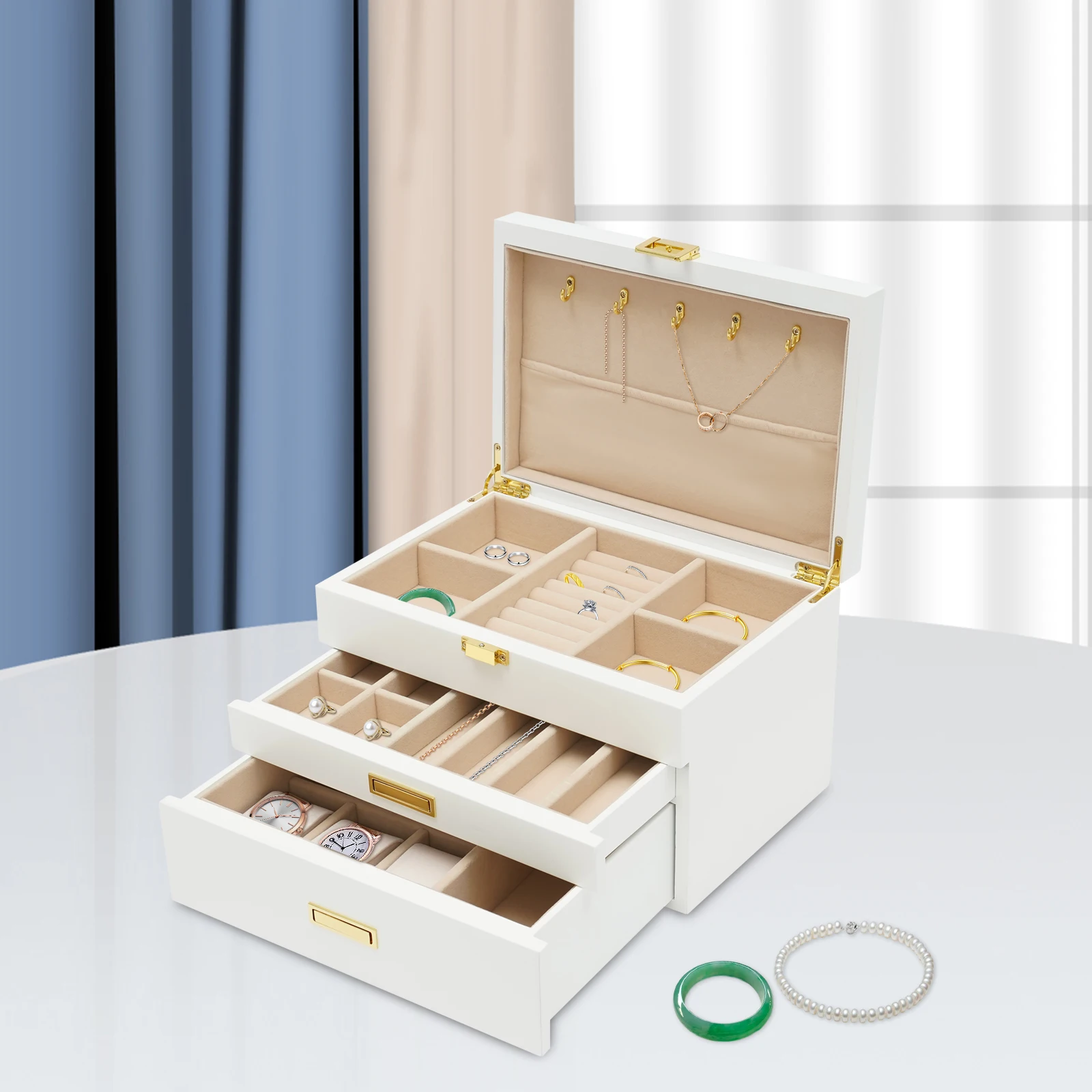 

3 Layers Density Board Jewelry Box Organizer with Necklace Hook for Women Girls and Hanging Bracelets, Necklaces, Jumper Chains
