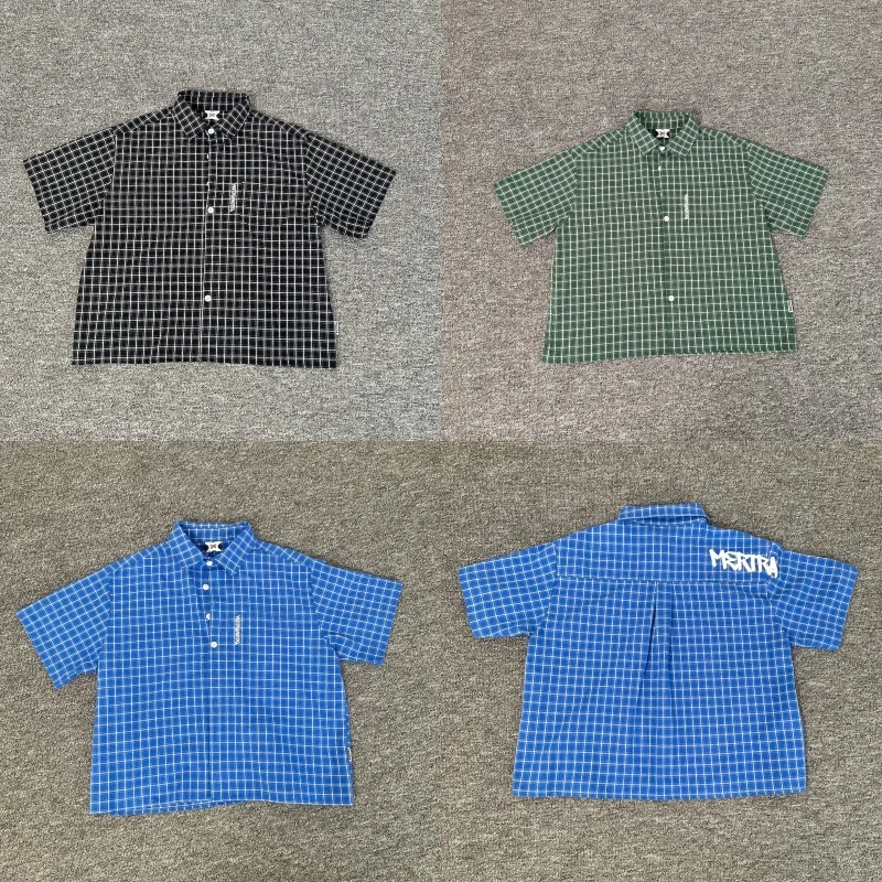 

Mertra Summer Logo Letter Embroidery Plaid Casual Loose ort Sve irt Vintage Patchwork Men's Faion Square Collar