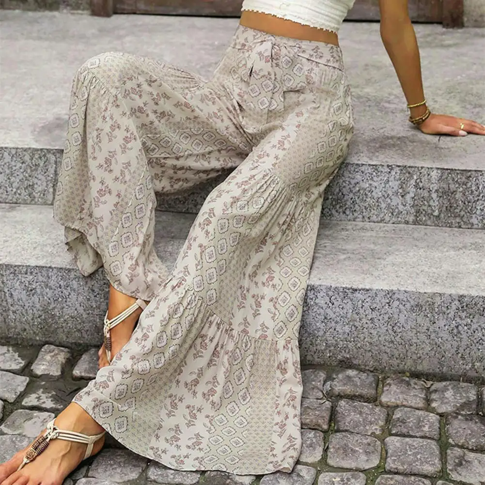 Comfortable Trousers Ethnic Style Lace-up Beach Trousers for Women Loose Fit Wide Leg Pants with High Waist Summer Knot Loose