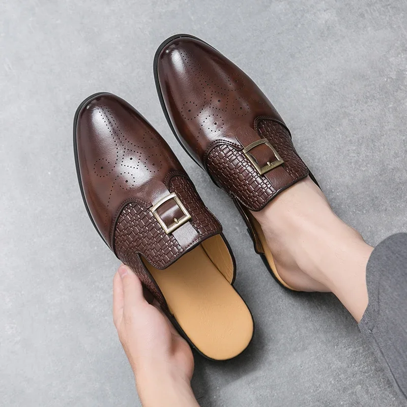 Summer Men Half Slippers Driving Brogues Shoes Male Belt Buckle Casual Mules Moccasins Breathable Penny Loafers Zapatos Hombre