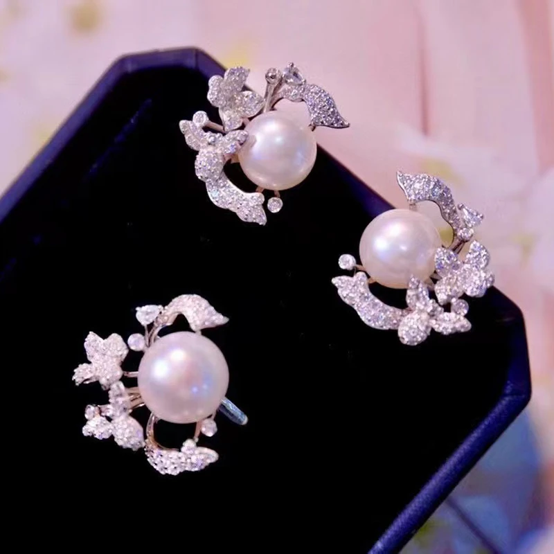 

Natural Fresh Water Pearl Earrings Ring Flower Style For Women Fine Jewelry 925Sterling Silver With Cubic Zircon Free Shipping