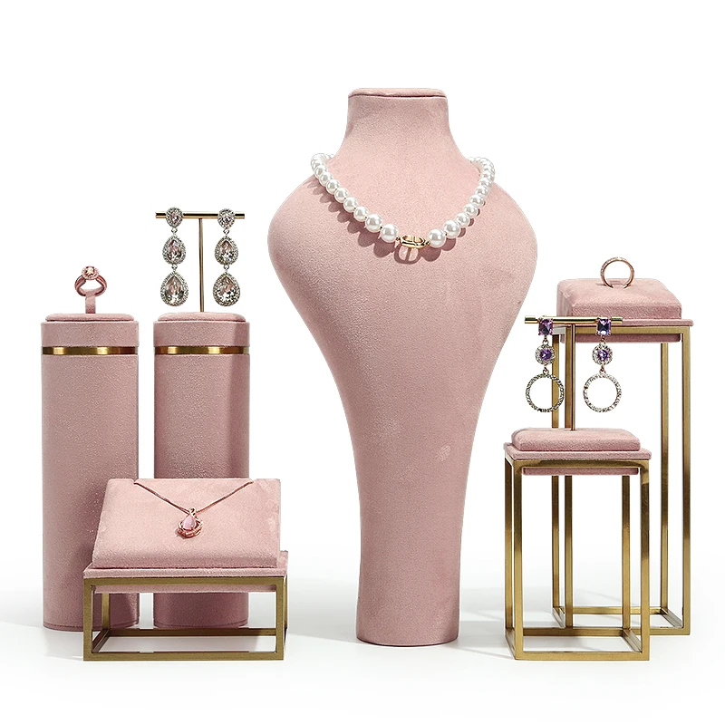 Pink Velvet Jewelry Display Stand Metal Rack Jewelry Exhibition Earrings Necklace Display Props Set Model Showcase