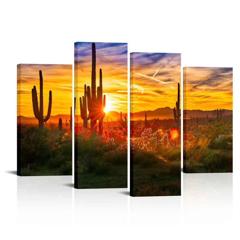 

4 Pieces Giant Cactus Wall Art Poster Beautiful Sunset Print Canvas Painting Modern Style Picture Living Room Home Decor