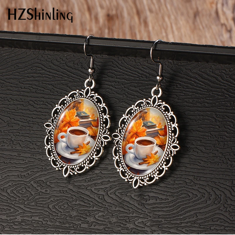 2024 New Fall Leaves Vintage Dangle Earring Fish Hook Earrings Oval Glass Dome Jewelry Gift Girls
