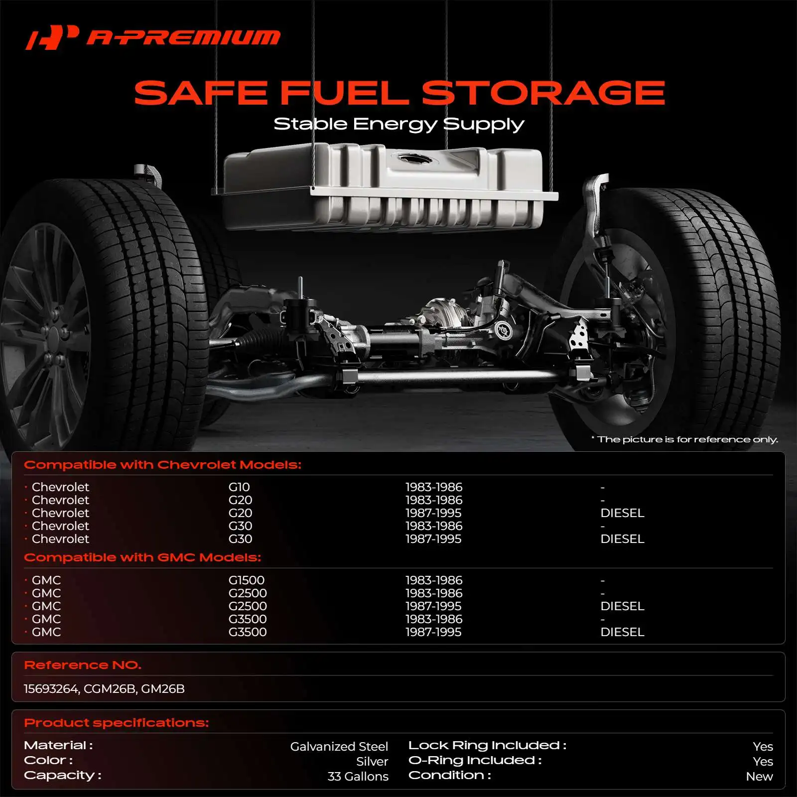 A-Premium 33 Gallons Fuel Tank for GMC G1500 1983-1986 G2500 1983-1995 G3500 1983-1996 Chevrolet G10 1983-1986 G20 1983-1995 G30