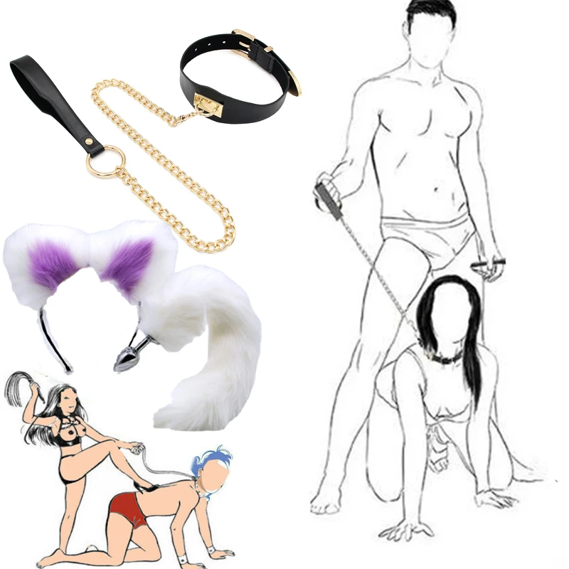 4 pcs Fox headband with tail anal plug Collar Slaves Masque Sexy Bondage Restrsaints Binding Restraint Kit Slave Femdom Cosplay