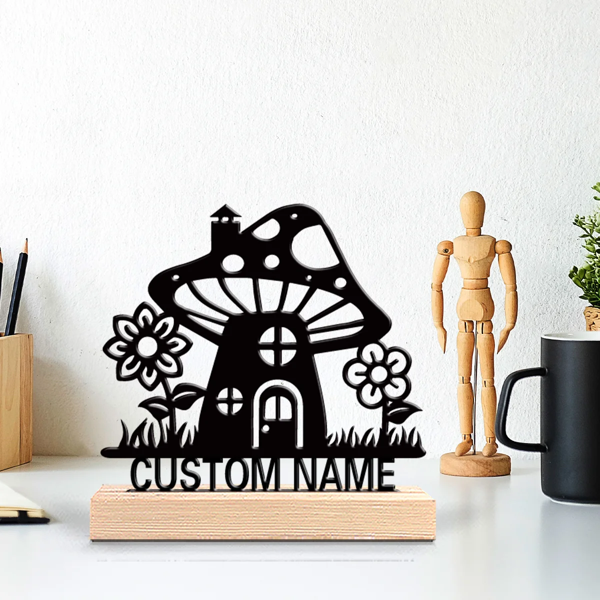 1pc Abstract mushroom Custom Name Metal Statue Iron Ornament Art Figurine With Wood Base Iron Sculpture Bedroom Table