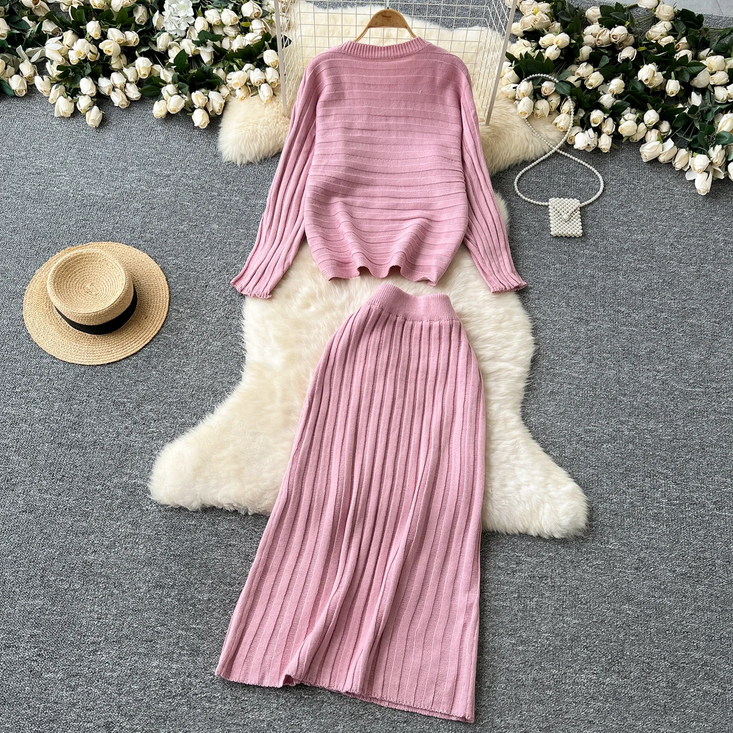 Chic Women Two-Piece Sets Vintage O-neck Asymmetrical Button Long Sleeve Knit Top High Waist Skirt Korean High Street Clothing