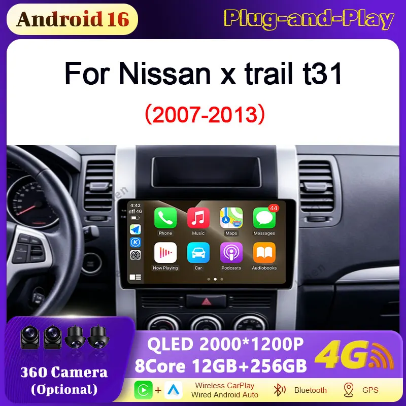 Autoradio 10 pouces pour Nissan X-Trail T31 2007-2013, autoradio WiFi, CarPlay sans fil, Bluetooth, écran tactile, unité centrale à écran partagé