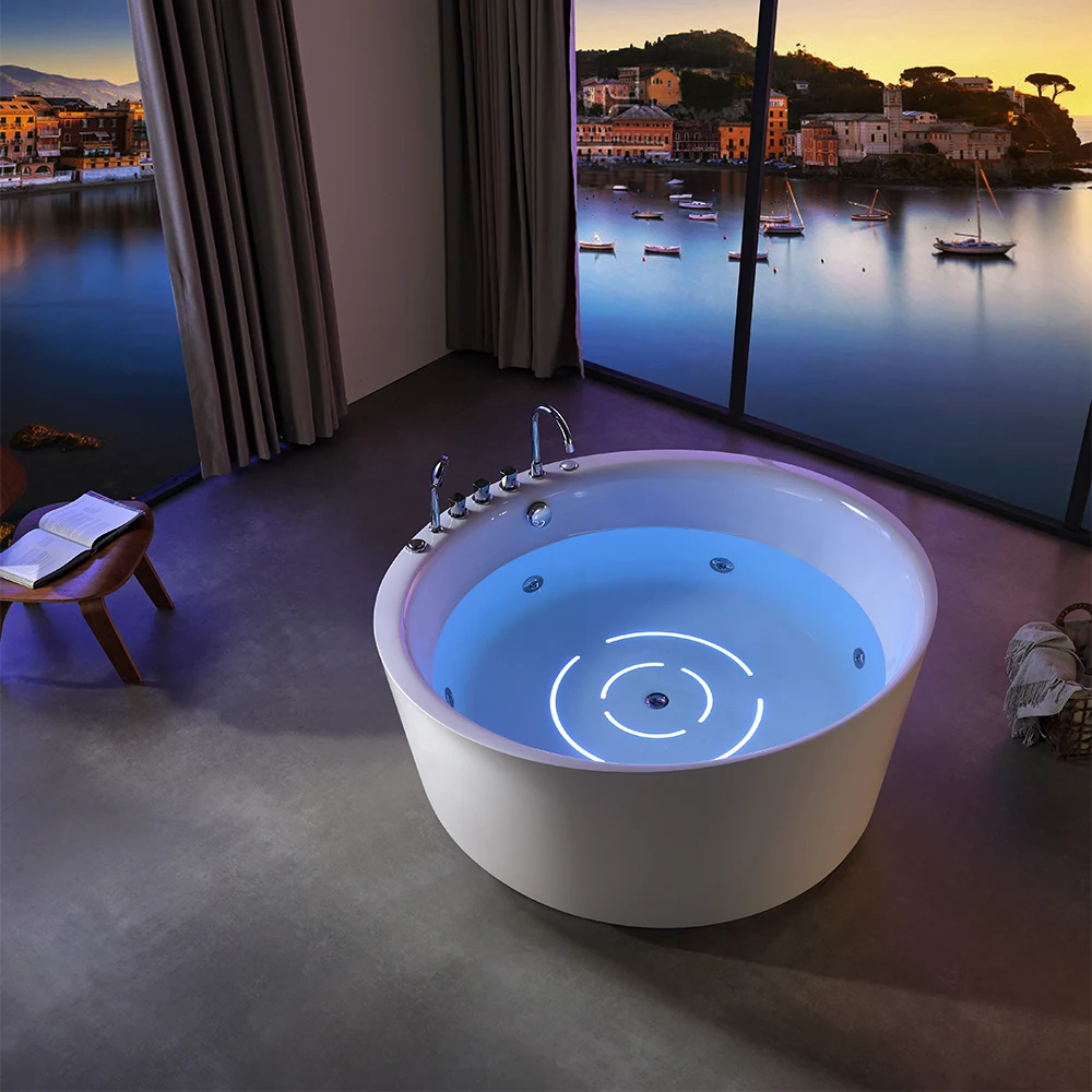 Modern Indoor Round Bathtub Freestanding Acrylic White Bathtub Modern Stand Alone Soaking Bath Tub With LED Lights