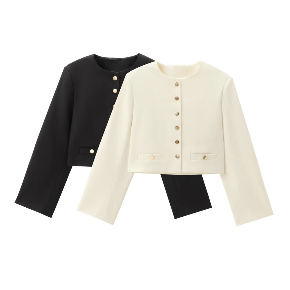 PB&ZA2024 Autumn New Women\'s Fashion Style Versatile Simple Round Neck Long Sleeve Button Short Coat