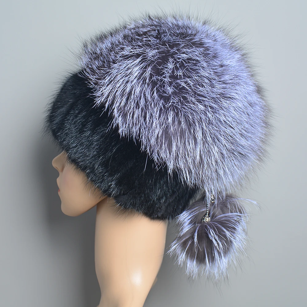 Luxury Womens Winter Knitted 100% Real Sable Fur hat Fur Beanie Russian Mink Fur Cap With Fox Fur Pom Poms Female Warm Thick