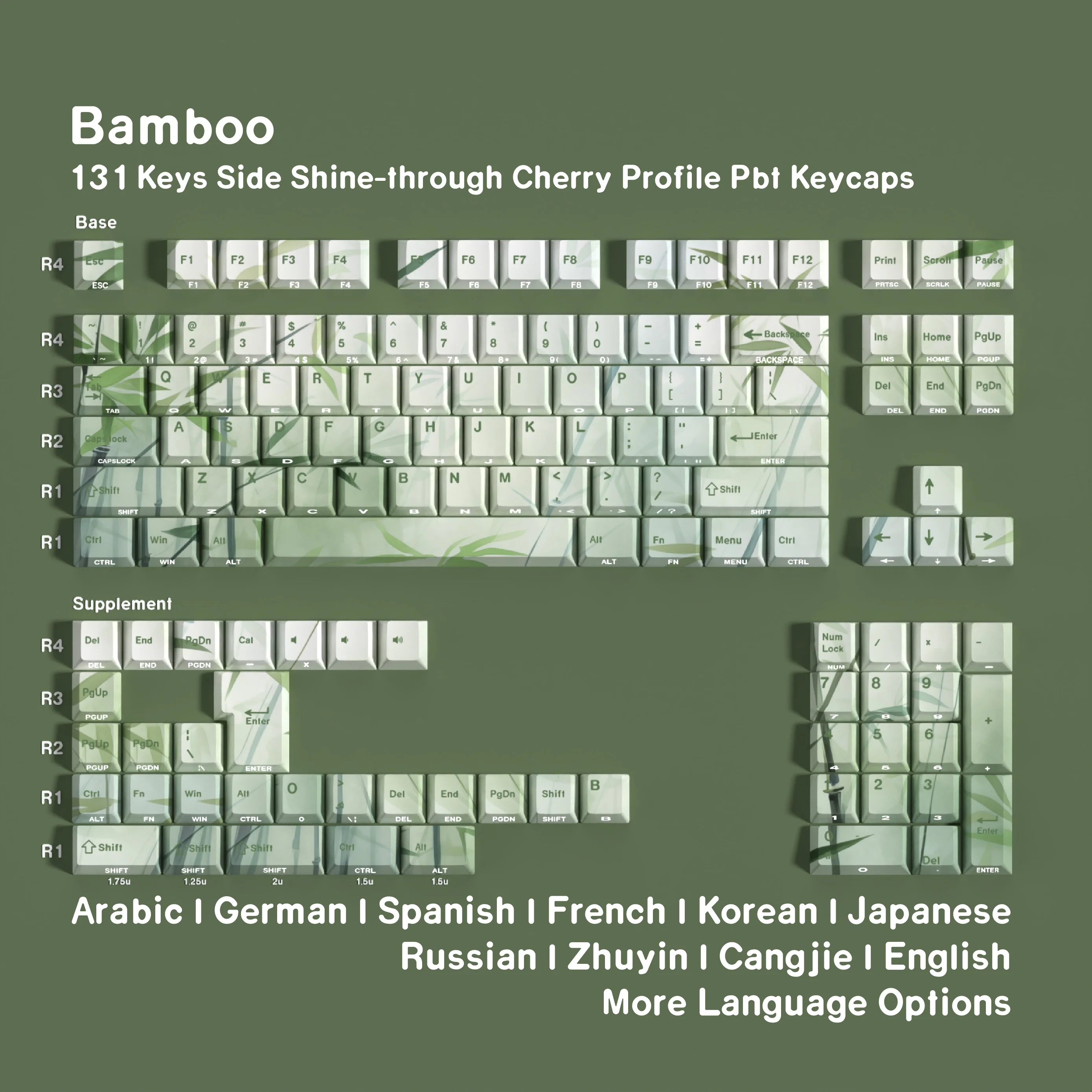 Bamboo Forest Keycaps for Mechanical Keyboard, Dye-Sub PBT, Side Light, Cherry Profile, Spanish, French, German, Russian