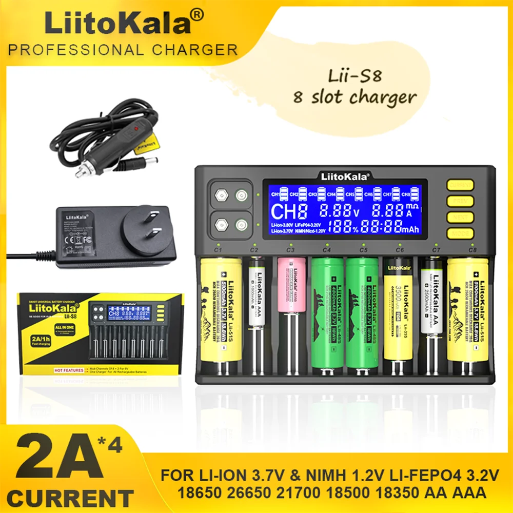 LiitoKala Lii-600 Lii-S8  Battery Charger For Li-ion 3.7V and NiMH 1.2V Battery Suitable for 18650 26650 21700 26700 18350