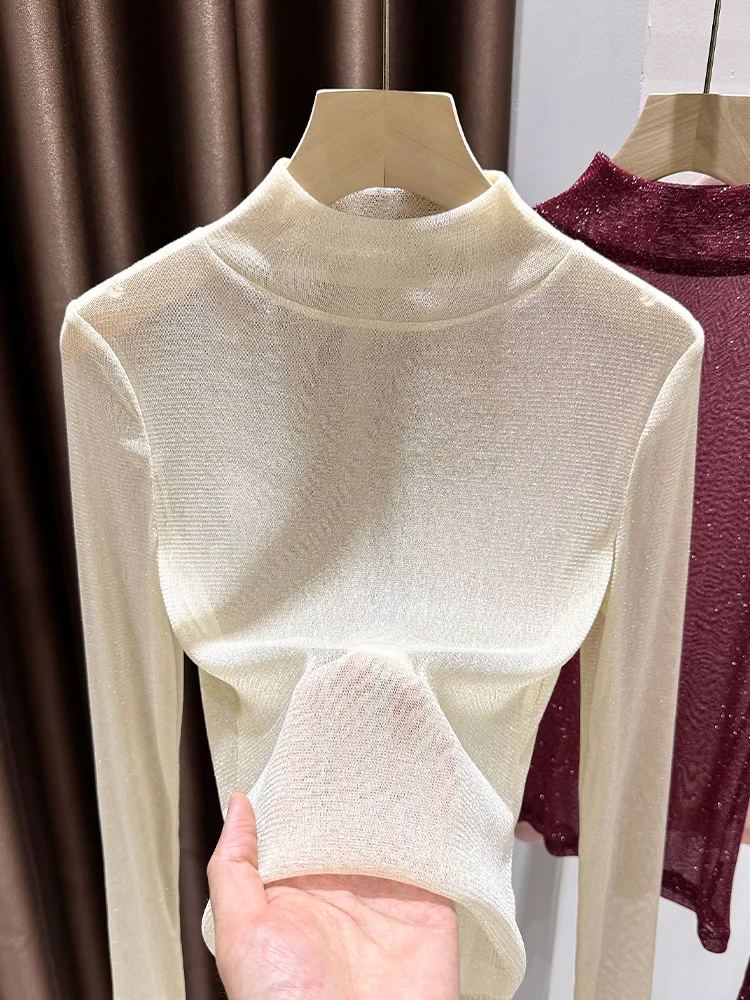 

Женская кружевная ажурная базовая кофта Ele с высоким воротником, цвета сладкого абрикоса, с серебряной нитью, для осени