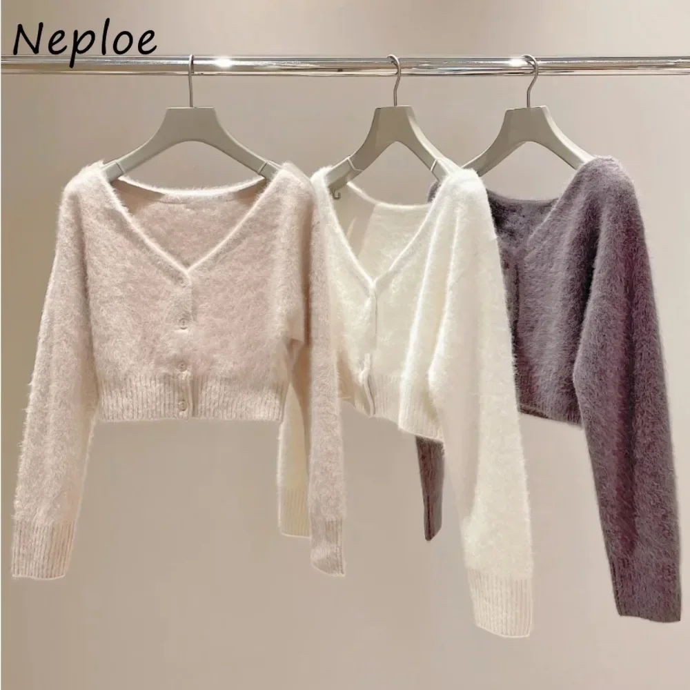 Neploe Literary V Neck Sweet All-match Jumper Single Breasted Gentle Fluffy Warm Feminine Cardigan Japan New Knit Coat Sweater