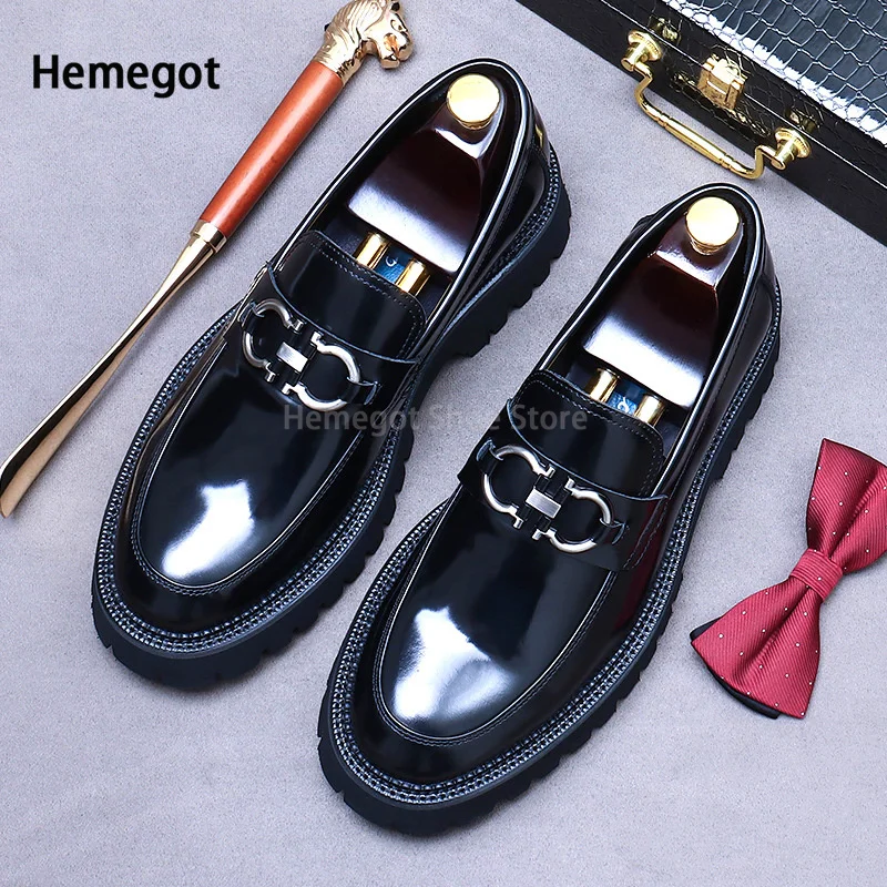 Thick Sole Leather Shoes Men\'s Metal Decoration Business Formal Round Toe Casual Cowhide Leather British Style Leather Shoes