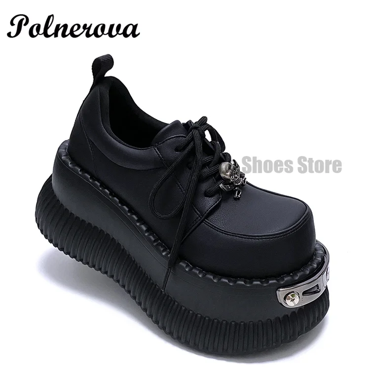 Black Platform Derby Shoes Women's Height-Raising and Fleece Small Leather Shoes Punk Style Big Head Casual Holiday Shoes