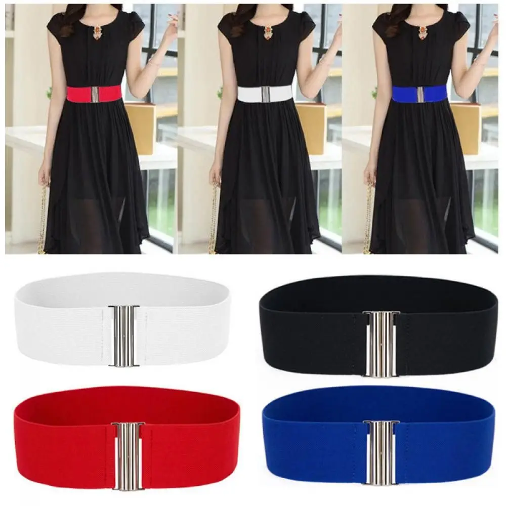 เข็มขัดรัดเอวผ้ายืดทรงกว้างมีหัวเข็มขัดสีเงินแฟชั่นสำหรับผู้หญิง
