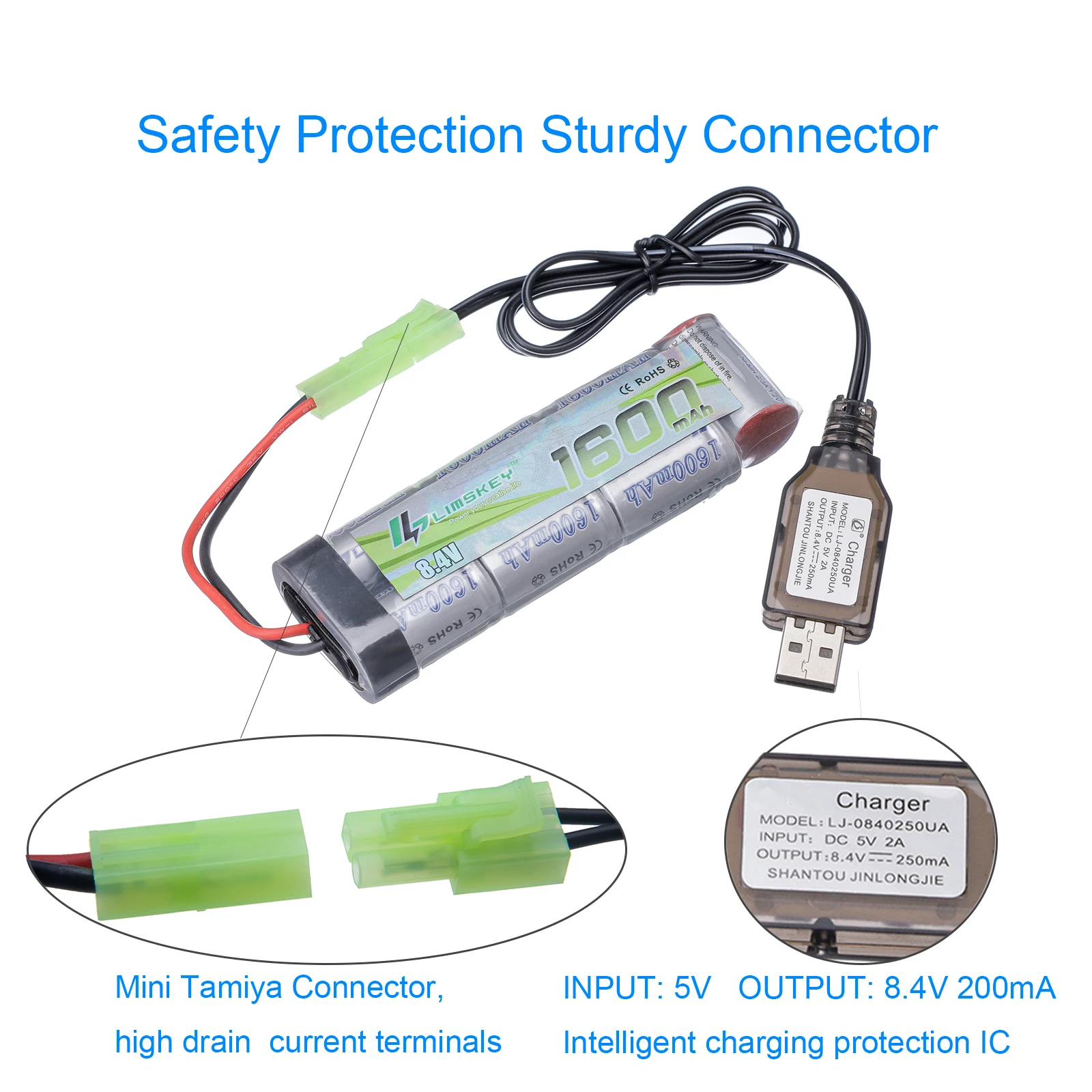 Płaski akumulator NiMH 7S 2/3A 8,4 V 1600 mAh i ładowarka do pistoletów Airsoft MP5, Scar, M249, M240B, M60, G36