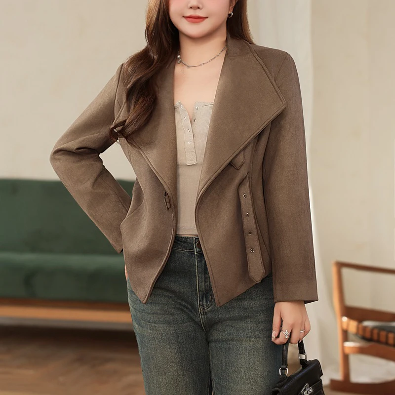 Suede Vintage Large Lapel Jacket Women Plus Size Good Quality 2025 Spring slim-fit Suede Short Coat 9114