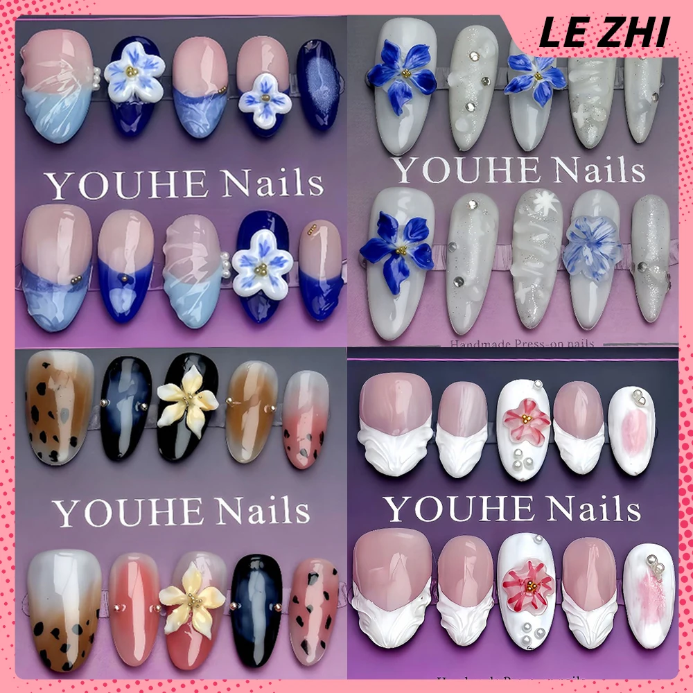 

10Pcs Spice Girl 3D Flower Handmade Almond Press On French False Nails Pearl Diamond Summer Trendy Wearable False Nails Gift