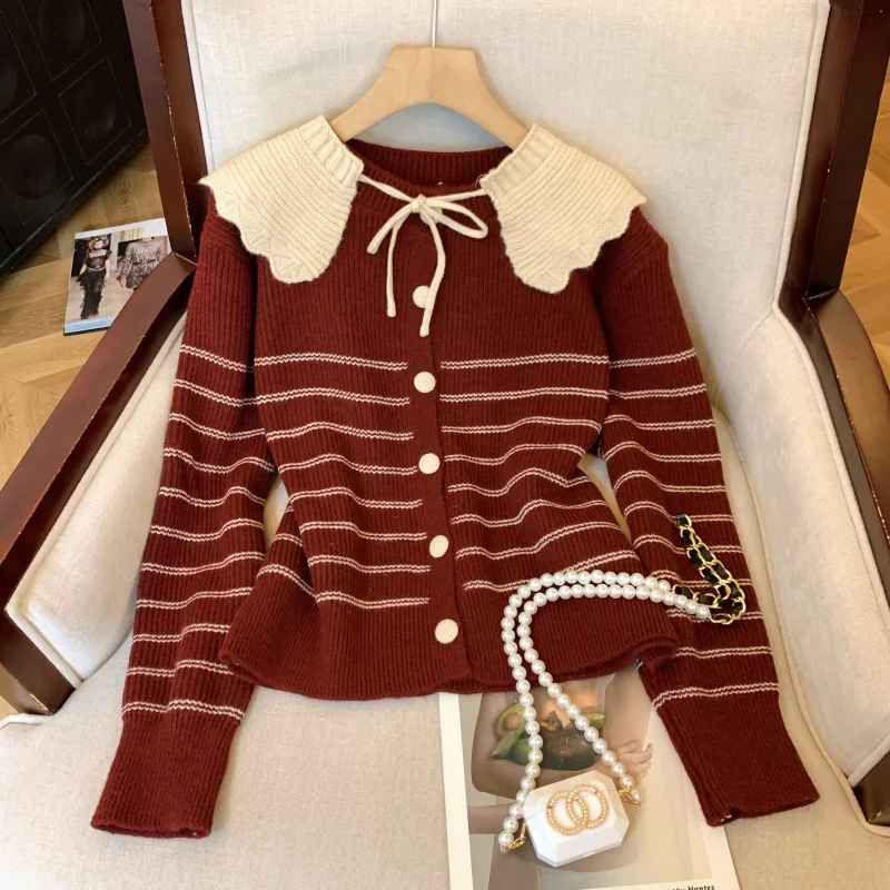 

Женский рождественский кардиган в красную полоску, винтажный джемпер 2000-х годов, вязаный кашемировый свитер с длинными рукавами и воротником Питера Пэна, зимний