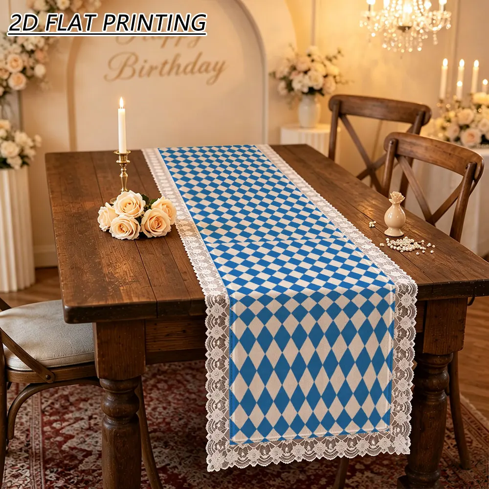 1pc Blue White Diamond Pattern Tulle Lace Table Runner For Home Festival Dinner Event Decor