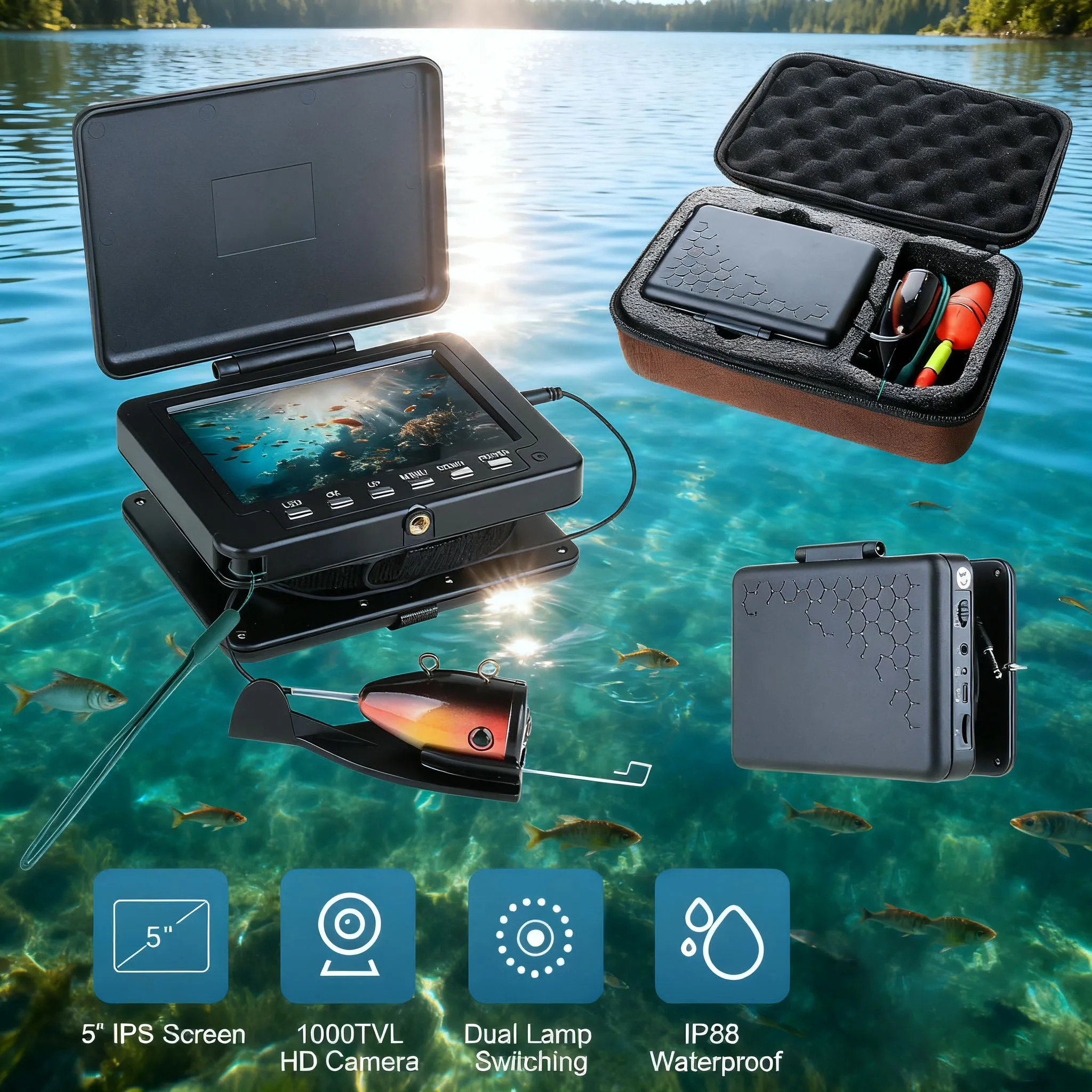 

1000TVL HD underwater fishing camera Night Vision with 5" Display Battery5000mAh, IP68 Waterproof and Cold-resistant