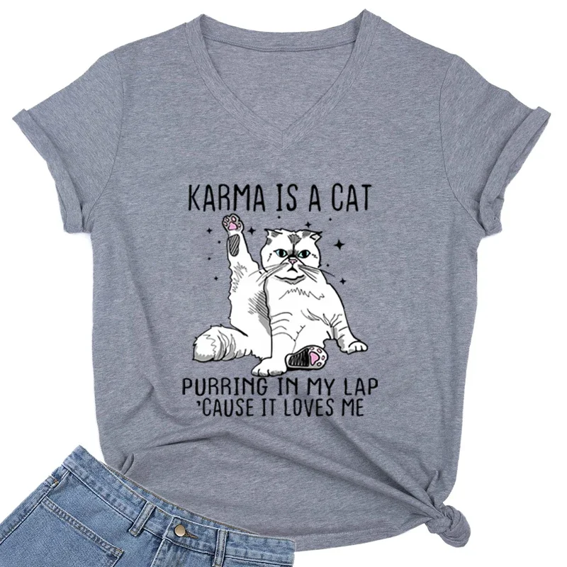 Womens V Neck Tops Karma Is A Cat Graphic Tee Short Sleeve Streetwear Tshirt Y2k Vintage Animal Shirt Funny Cats T Shirt Women