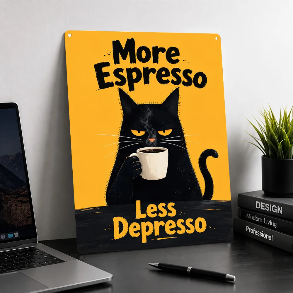 More Espresso Less Depresso Cat Personalized 3D Textured Metal Poster Wall Art Vintage Tin Signs for Room Decorating Interior