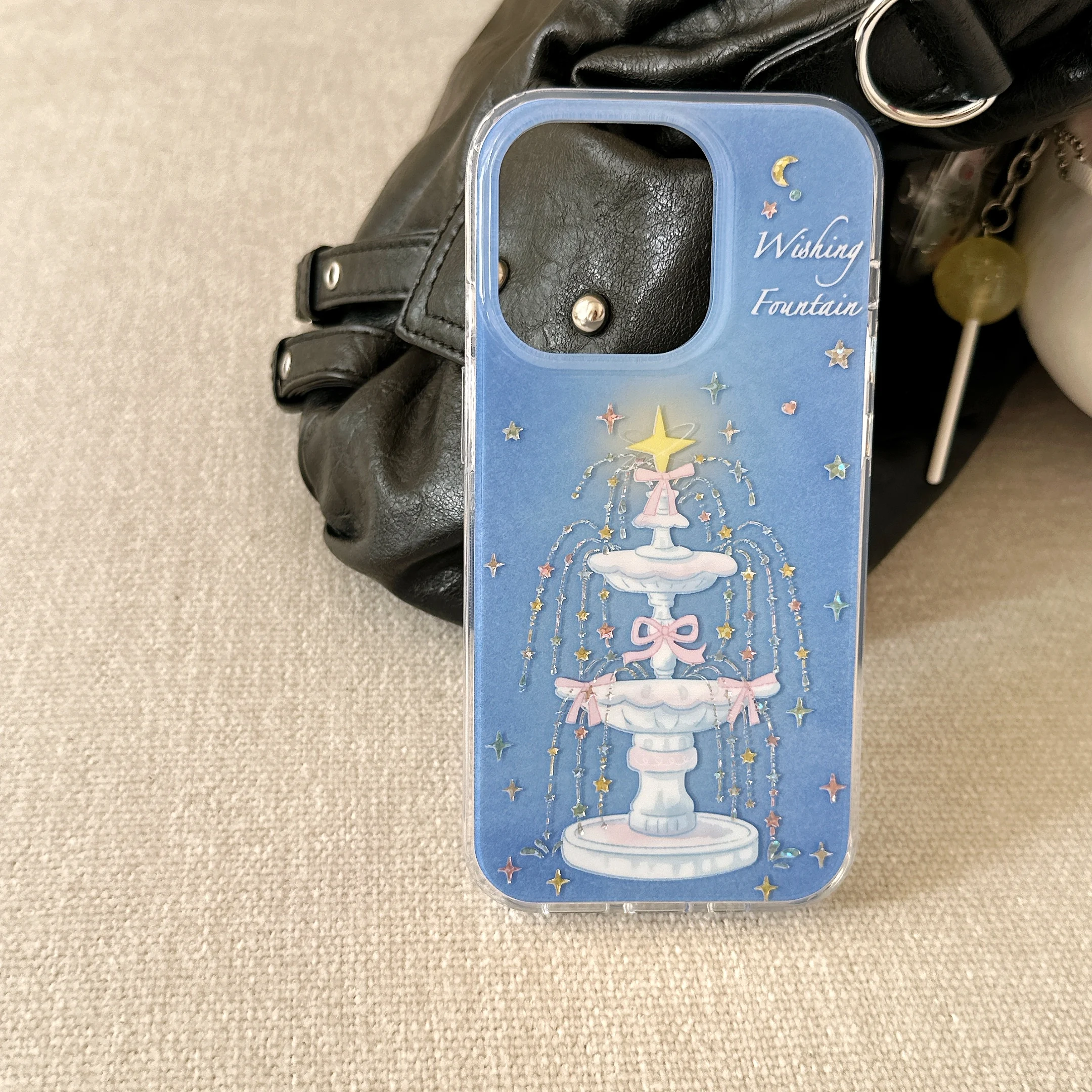 Ins souhaitant fontaine étoiles perle chaîne fond bleu coque de téléphone pour iPhone 16 15 14 13 Pro Max couverture arrière fonds