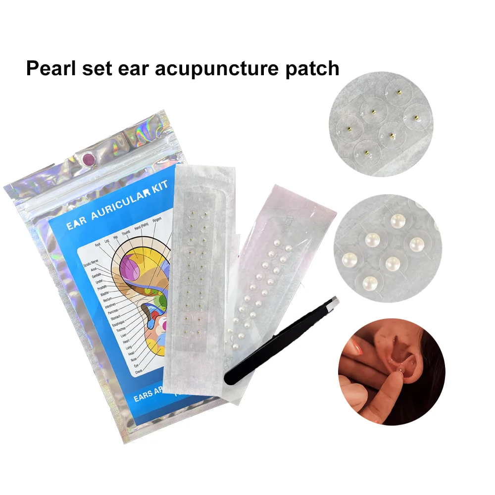 Ear acupuncture Seed Sticker Kit 20 pcs pearl Ear Seeds + 20pcs Golden Ear Seeds + tweezers with finger pressure ear chart