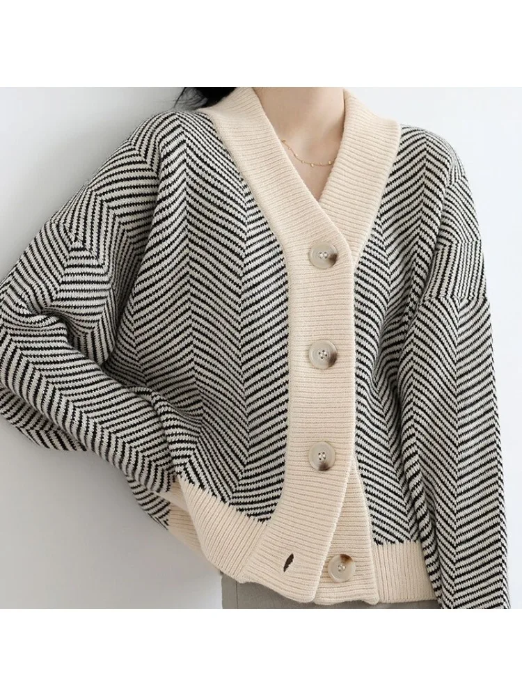 Outono inverno manga longa malha cardigan casual listrado solto decote em v botões camisola casaco elegante inverno estilo coreano malhas