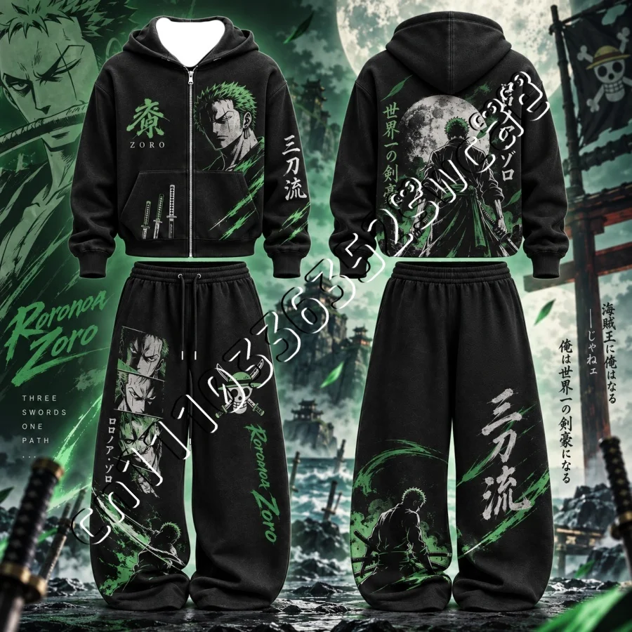 26/27 Neues One Piece Luffy & Zoro Zip-Up Hoodie-Set, Herbst-Winter, trendiges Unisex-Street-Fashion-2-Teiler-Outfit, passend für die ganze Familie – Detail 6