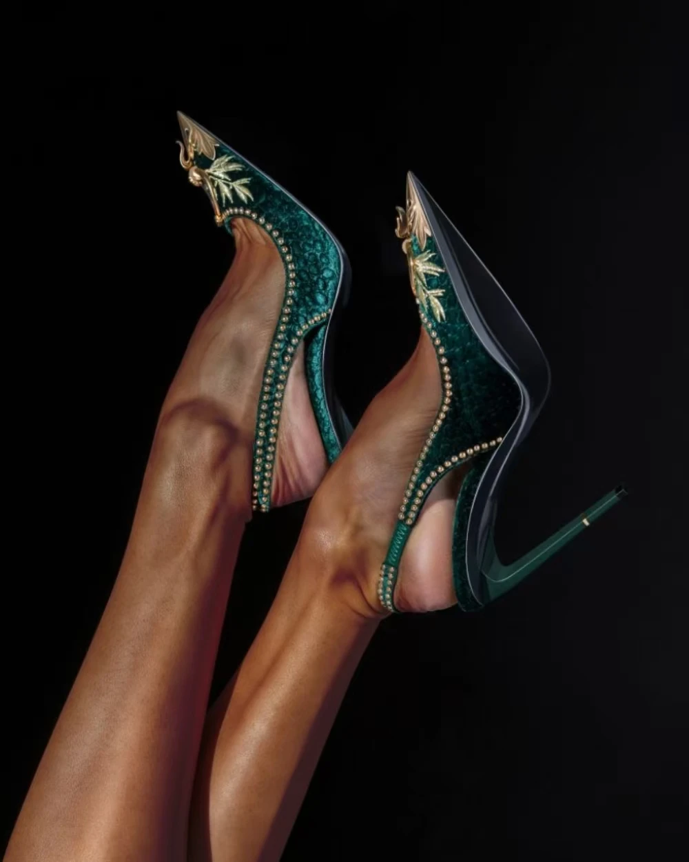 

Elegant Dark Satin Pointed-Toe High Heels Gold Metal Tip Studs Embellishments Stilettos Slingback Design Perfect for Evening
