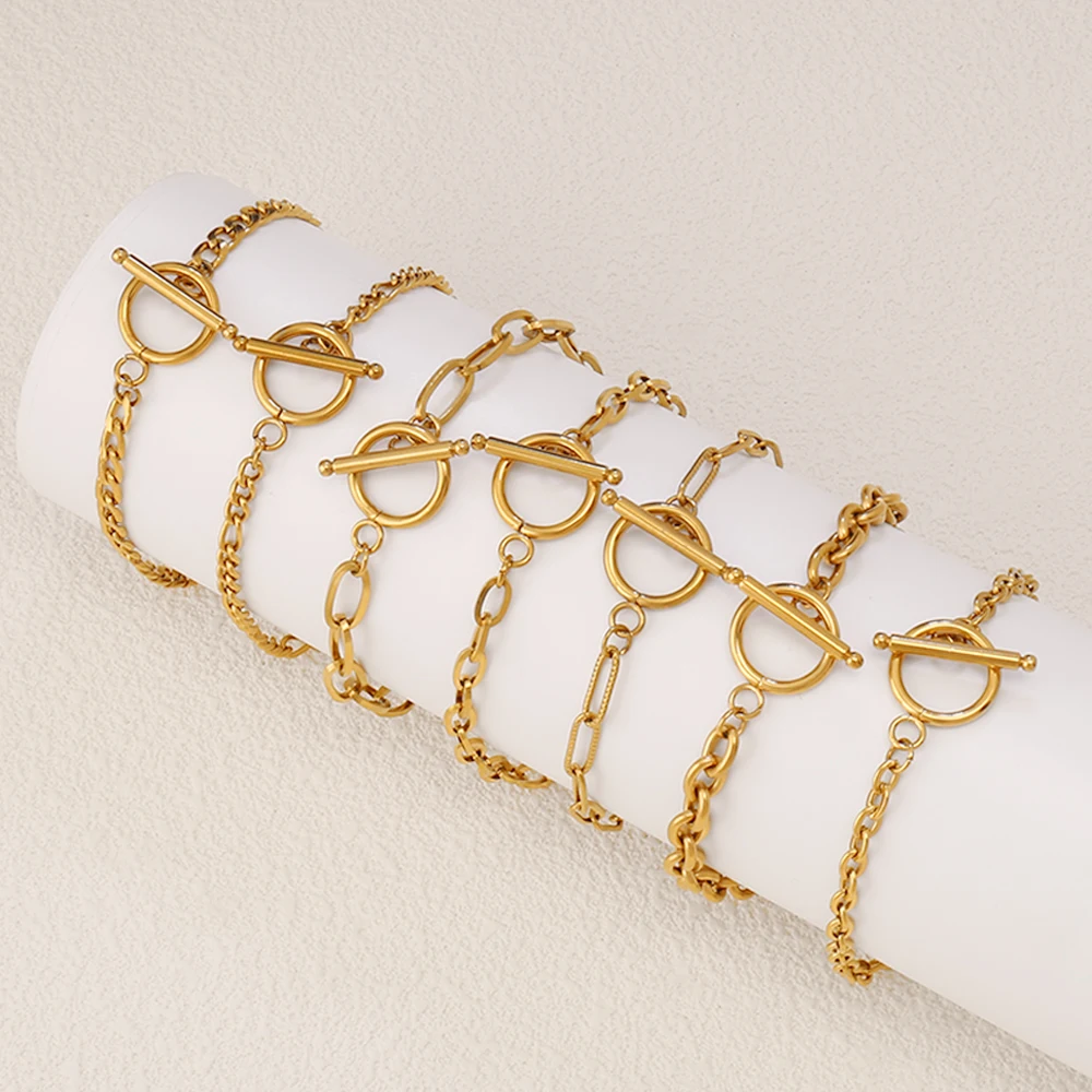 1pcs Stainless Steel Figaro Chain Bracelet For Women Fashion 18K Gold Plated OT Toggle Clasp Minimalist Chain Bracelet Jewelry